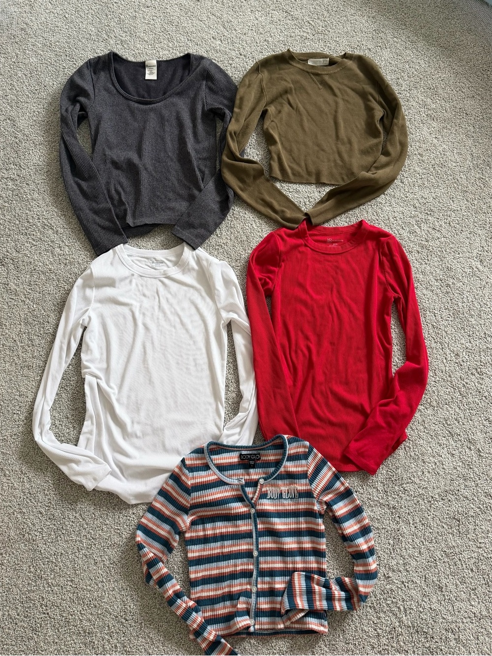 Bundle Long-Sleeve Tops Set — Red, White, Olive, Charcoal & Striped